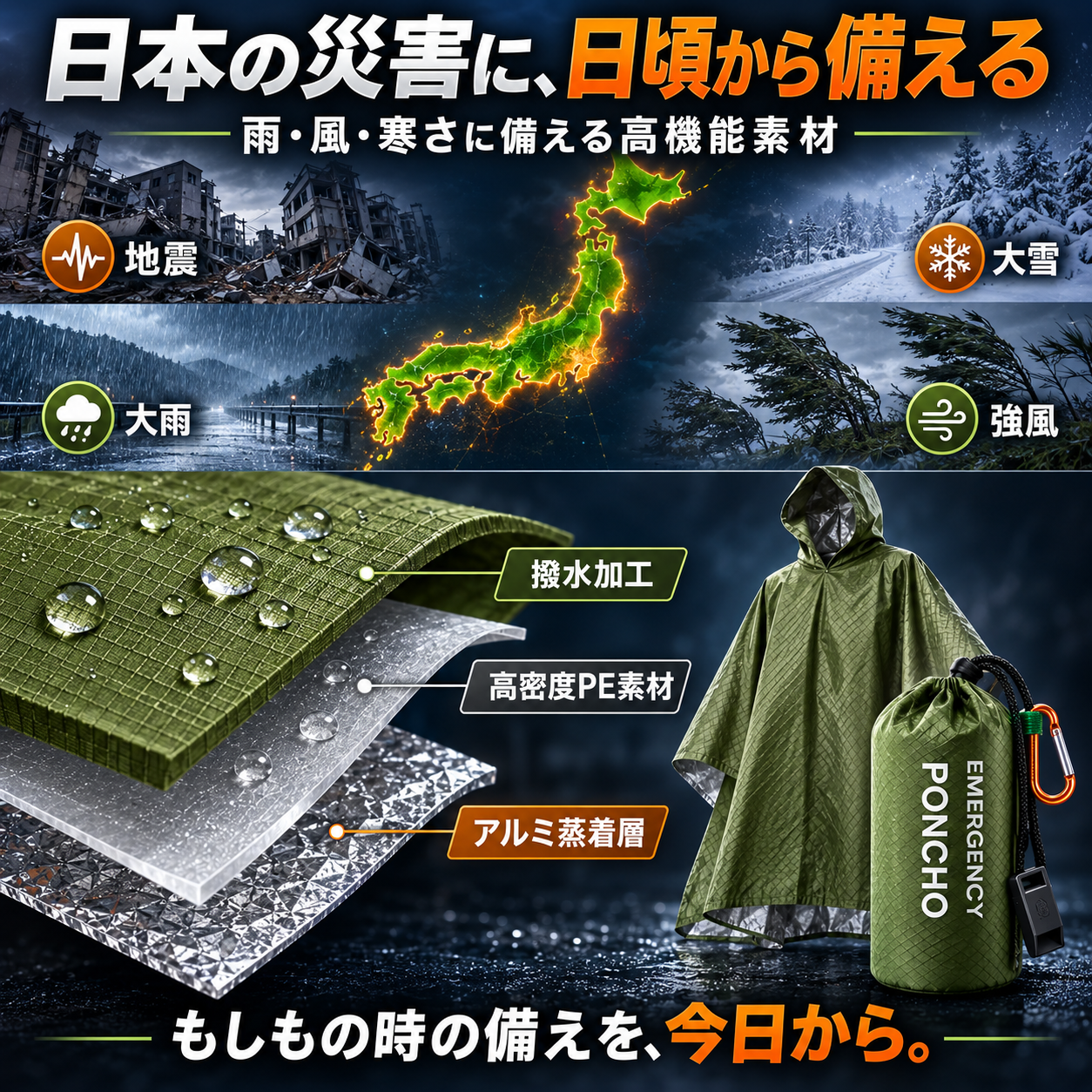 HeatGuard™｜超軽量・保温防災レインポンチョ