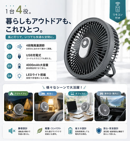 CoolWind Pro™｜LED搭載 携帯扇風機（車内・アウトドア対応）