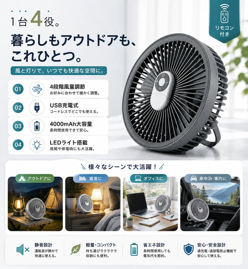 CoolWind Pro™｜LED搭載 携帯扇風機（車内・アウトドア対応）