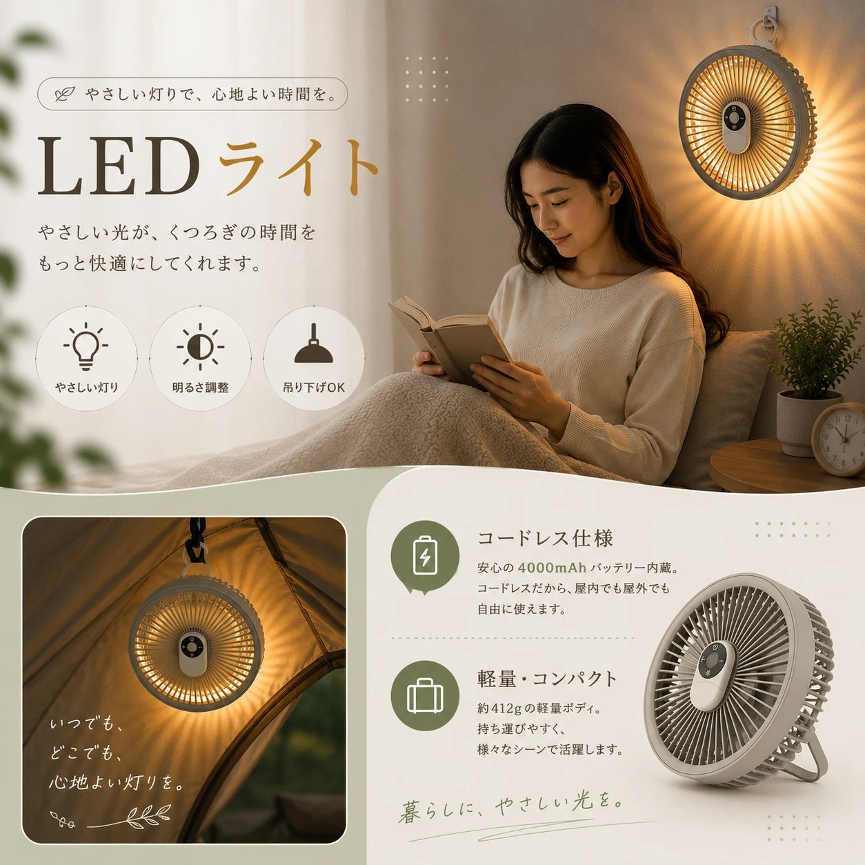 CoolWind Pro™｜LED搭載 携帯扇風機（車内・アウトドア対応）