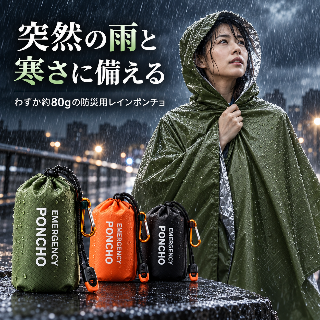 HeatGuard™｜超軽量・保温防災レインポンチョ