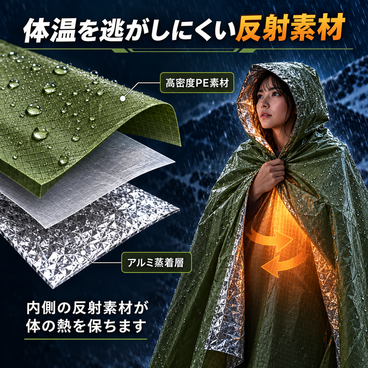 HeatGuard™｜超軽量・保温防災レインポンチョ